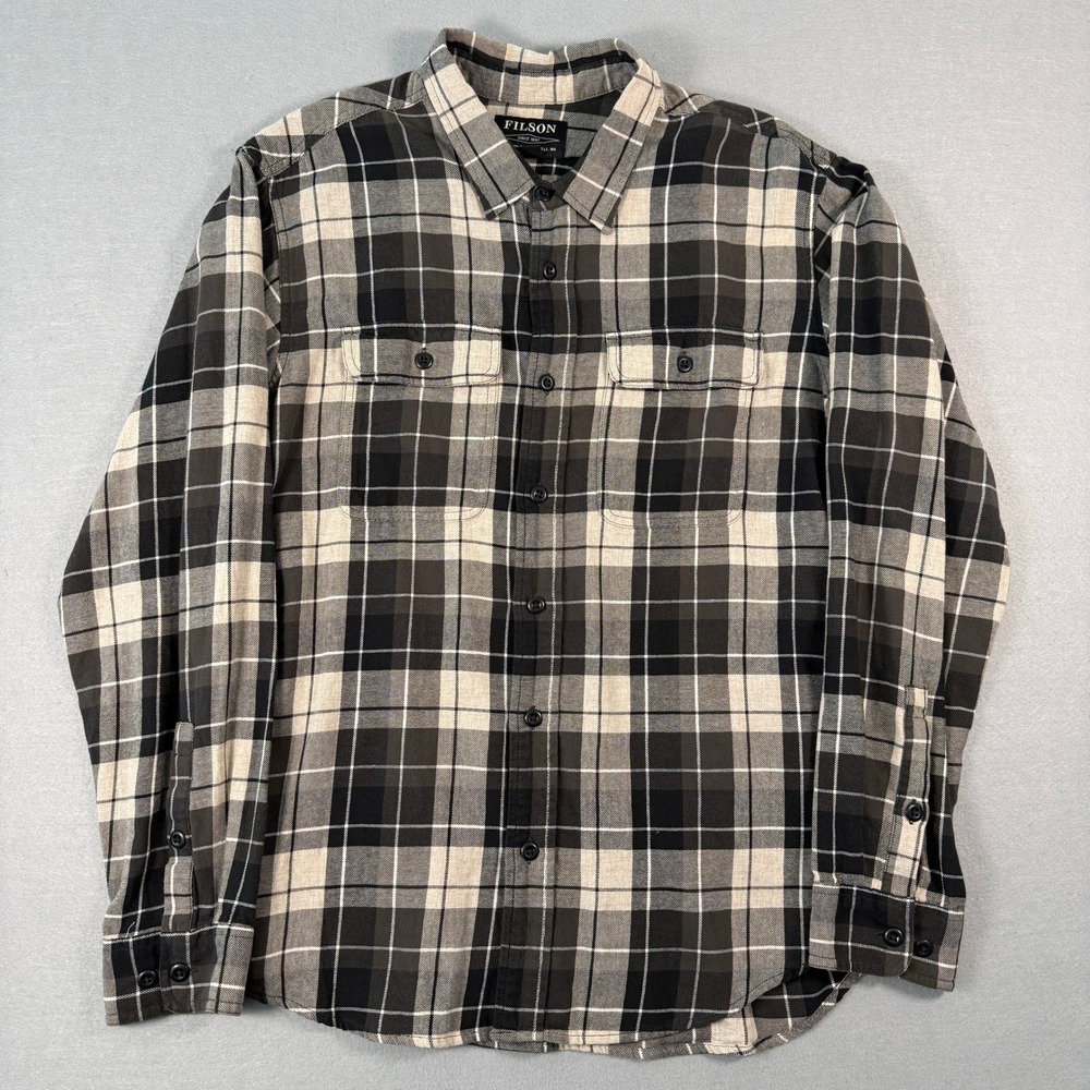 Filson Flannel Shirt Mens L Black White Plaid Button Up Cotton Rugged Outdoor